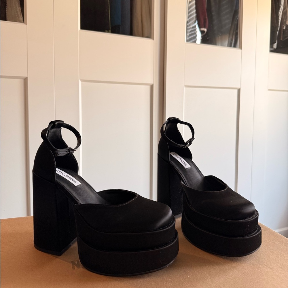 Steve Madden Charlize Black Satin Platform Heels with Ankle Strap